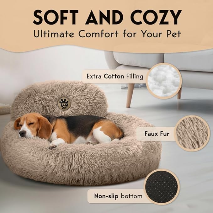 PetJett Calming Medium Dog Bed - 30'' Round Dog Beds - Washable Dog Bed - Anti-Slip Super Soft Fluffy Plush Donut Bed, Anti-Anxiety Premium Comfort Pet Bed, Fits Dogs up to 45 lbs - Beige