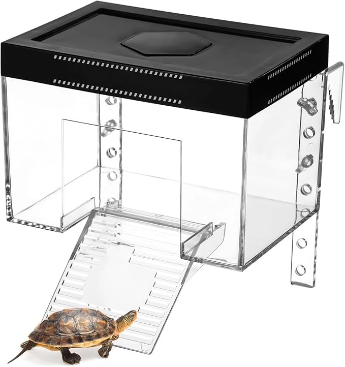 Tortoise Sunshine Room, Elevated Turtle Basking Platform with Ramp & Lid, Adjustable Height with Hole for Hex Basking Lamp
