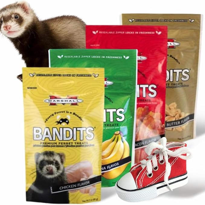 Marshall Pet Products Bandits Ferret Treats Variety Pack – Includes Banana, Chicken, Bacon, Peanut Butter Flavors (3oz Each) Plus Ferret Sneaker Toy for Enrichment & Fun