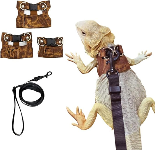 3 Pack Bearded Dragon Harness and Leash Set - Adjustable Soft Leather Lizard Harness Leash Small Animal Traction Rope Training Walking Vest Accessories for Reptile Squirrel Rat (Brown Leopard)