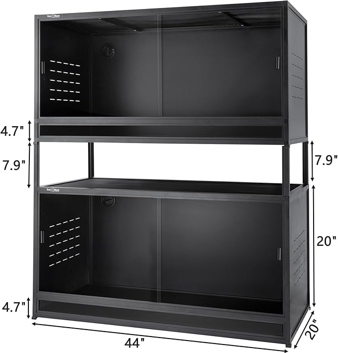 Stackable PVC Reptile Enclosure 44x20x20 inch, 76 Gallon Modular Terrarium, Additional Top Cover, Tempered Glass Sliding Doors & Lock, Front Opening Habitat (2 Pack, Black)