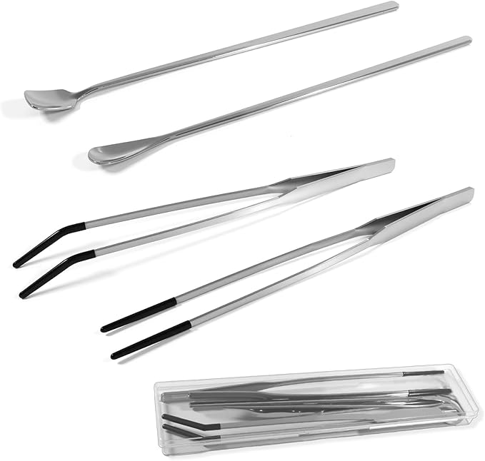 4 Pcs Reptile Feeding Tools Set with Silicone Tips - Extra Long Straight&Curved Tongs, Spoons - Stainless Steel Terrarium Feeder Kit for Bearded Dragons, Lizards, Snake, Spiders, Aquarium