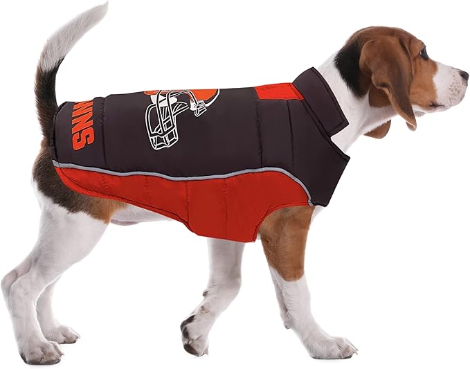 NFL Cleveland Browns Puffer Vest for Dogs & Cats, Size Medium. Warm, Cozy, and Waterproof Dog Coat, for Small and Large Dogs/Cats. Best NFL Licensed PET Warming Sports Jacket