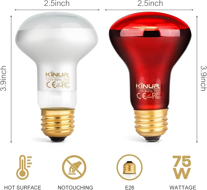 KINUR 2 Pack 75W Reptile Heat Lamp Bulbs, Reptile Day and Night Basking Spot Bulb Combo Amphibian Infrared Heat Lamp Bulb/UVA Basking Spot Daylight Heating Light Bulb