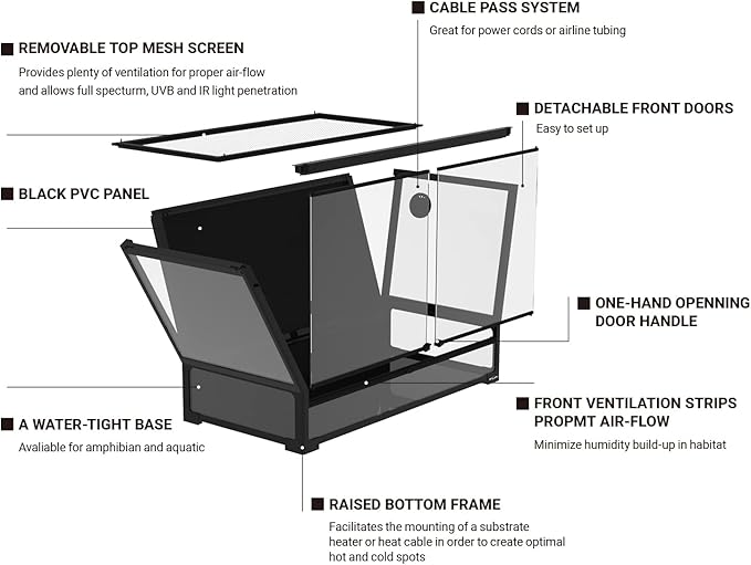 REPTI ZOO Collapsible 120 Gallon Reptile Tank, Tempered Glass Large Reptile Terrarium 48"x24"x24", Black PVC Back, Front & Top Ventilation & Anti Escape Lid, Easy Folding