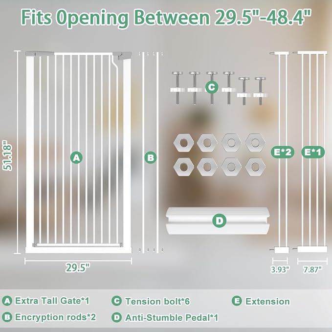 51.18" Tall Extra Tall Pet Gate Dog Door, Auto Close Safety Gates for Kitchen Living Room Doorways Hallway,Indoor Pet Gates for Dogs or Cats(Black) (White, 29.6-48.4")