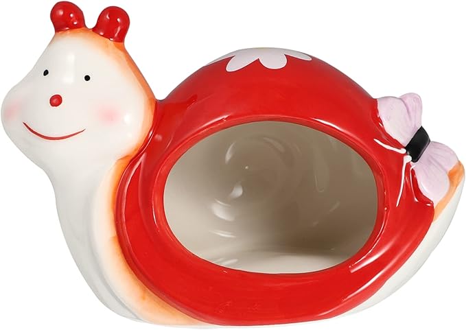 DOITOOL Ceramic Hamster Hideout, Adorable Cartoon Snail Shape Hamster House Cave, Chinchilla Hideout Small Animal Hideout Hut Cave Cage Accessories (Red and White)