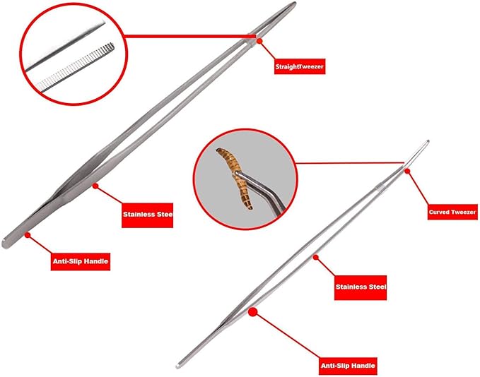 10.6 inch Reptile Feeding Tongs, 3 Pcs Tweezers Cricket Clamp Bug Scooper, Stainless Steel Straight and Curved Tweezers Set for Insects Lizard Turtle Snake Spider Frog Gecko Chameleon