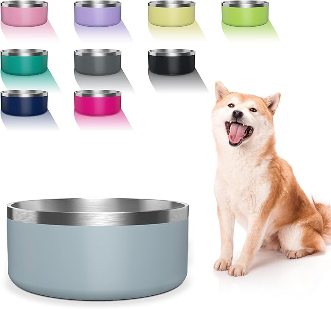 WENBOKMIN Dog Bowl, Stainless Steel Dog Food and Water Bowl with Non Slip Quiet Bottom, Easy to Clean, Dishwasher Safe, 64oz, Light Grey