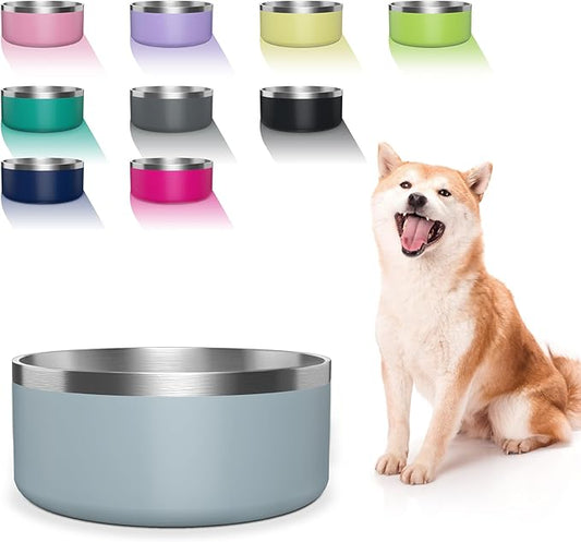 WENBOKMIN Dog Bowl, Stainless Steel Dog Food and Water Bowl with Non Slip Quiet Bottom, Easy to Clean, Dishwasher Safe, 64oz, Light Grey