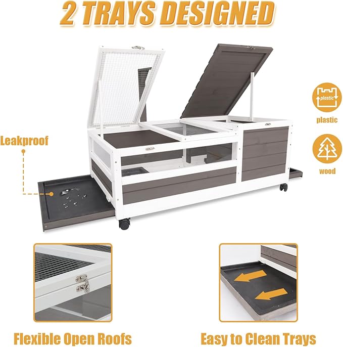 Ketive Tortoise Habitat Large Wooden Tortoise House Indoor & Outdoor, Reptile Cage for Small Animals-Leakproof Tray (Grey, 23" D x 38.98" W x 14.5" H)