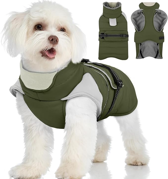 MIGOHI Cozy Small Dog Coat - Reflective Dog Coat for Small Dogs,Fleece Winter Coats Jacket for Dogs with Leash Hole,Snowproof Thick Puppy Clothes,Pomeranian,Chihuahua,XS,ArmyGreen
