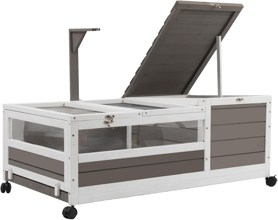 Gowoodhut Tortoise Habitat,Large Wooden Tortoise House on Wheels,Turtle Enclosure Reptile Cage for Small Animals Indoor Outdoor with Pull Out Waterproof and Leakproof Tray Double Habitats 78" Wide