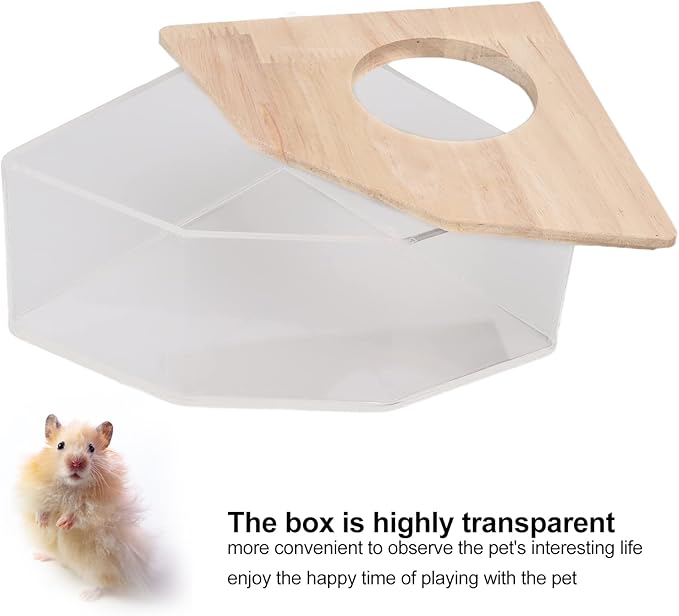 Pssopp Hamster Bath Box, Right Angle Fan Acrylic Safe Hamster Sand Bathroom with Wood Cover for and Other Small Pet Hamster