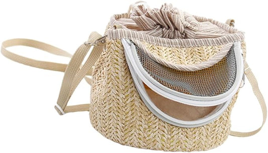 Pets Go Out Backpack for Small Animals Breathable Hamster Carrier with Ventilated Gauze Stylish Straw-Woven Design for Comfortable Travel and Outdoor Adventures