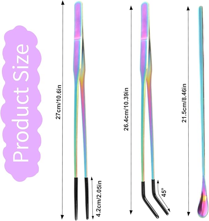 Stainless Steel Reptile Feeding Tongs & Spoon Set - 10.6" Straight & Curved Tweezers for Aquariums & Crafts - Feeder Tools with Rubber Tip for Bearded Dragons,Snake, Lizards - 3 Pack