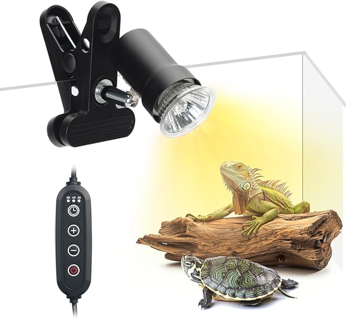Reptile Heat Lamp with 360° Rotatable Clamp Basking Spot Lamp with 50W UVA UVB Heat Bulb Simulated Sunlight Heating Lamp with Timer&Dimmer for Turtles Lizards Snakes Amphibian Terrariums