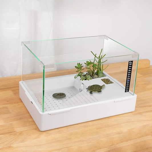 Scratch-Resistant Glass Turtle Tank (15.7×11.8×10 Inch) with Water Filter - Durable Reptile Habitat for Aquatic/Terrestrial Pets, Baby Turtles & Fish | Anti-Scratch Clear Terrarium Aquarium Combo