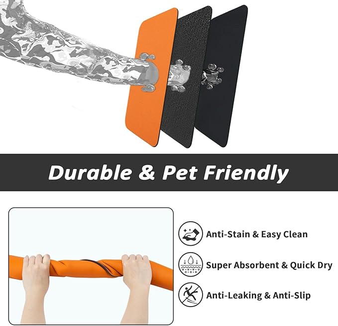 HotLive Dog Food Mat - Absorbent Cat Mat for Food and Water, No Stains Pet Feeding Bowl Mat, Easy to Clean Pet Placemats, Quick Dry Dog Water Dispenser Mat for Messy Drinkers | Orange 18"x34"