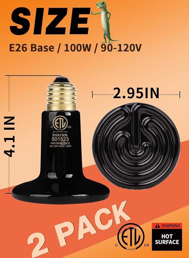 WUHOSTAM Reptile Heat Lamp with Ceramic Heat Emitter - 100W Heat Bulb for Bearded Dragon, Turtle Tank, and Chicken Coop - Infrared Basking Light for Reptiles & Amphibians ETL Listed