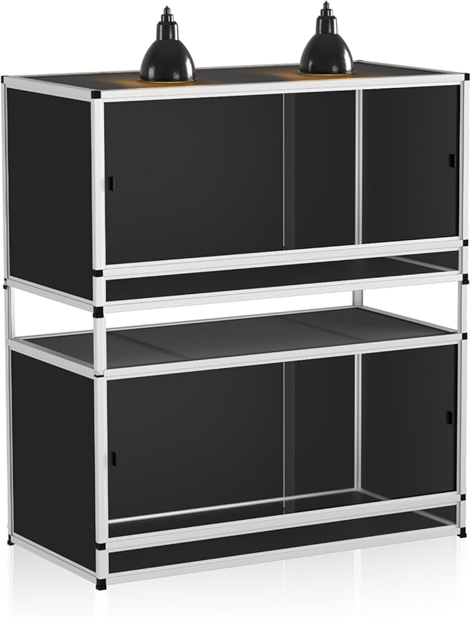 120 Gallon 2-Pack PVC Reptile Enclosure 48"x24"x24" – Insulated Stackable Habitat with Removable Top Cover, Sliding Doors & Lock, White Frame + Black Panels, for Bearded Dragon, Snake, Lizard