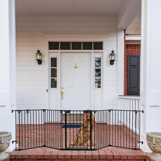 AGESISI Freestanding Dog Gates with Door Walk Through, Extra Wide Doggy Door 125" W x 29" H Pet Gate Safty 5 Panels Dog Fence for Stairs, Doorways