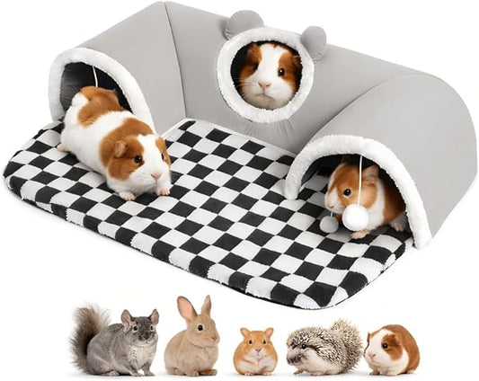 Large Guinea Pig Hideout Tunnel with Removable Warm Bed, 3-Cave Small Animal Hideaway Play Tunnel, Cozy Cage Accessories for Hamsters, Chinchillas, Rats