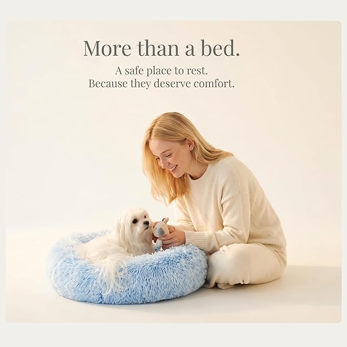 Calming Donut Dogs Beds for Small Dogs Washable,23inch Plush Round Pet Bed for Cozy Sleep,Fluffy Faux Fur Large Cat Bed,Fits up to 25 lbs Pets,Gradient Blue