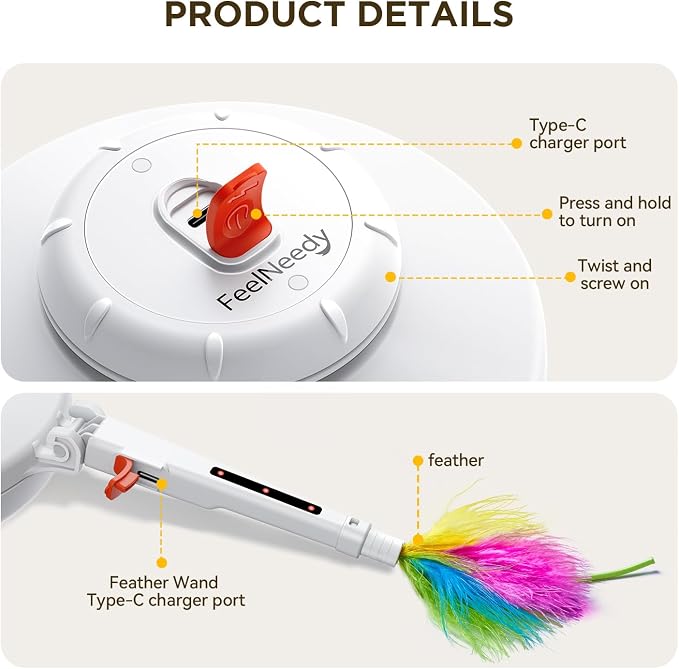 FEELNEEDY Rechargeable Cat Toys, 2 in 1 Hide and Seek Game Interactive Cat Toy, Movable LED Red Dot, Moving Concealed Feathers, Durable Exercise Toys for Indoor Cats, Bored Adult Cats Wand Toy - Image 8