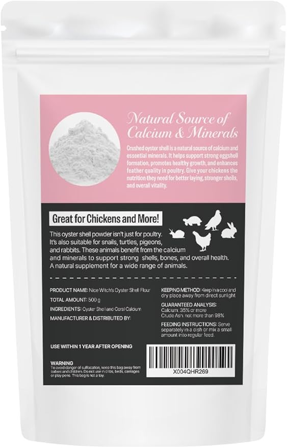 NICE WITCH'S Oyster Shell Flour 1.1 lb (500 g) – Finely Ground Calcium for Chickens, Ducks, Birds, Reptiles, Amphibians & More – Natural Source of Calcium | Korean Oyster Shell Powder/굴껍질 가루