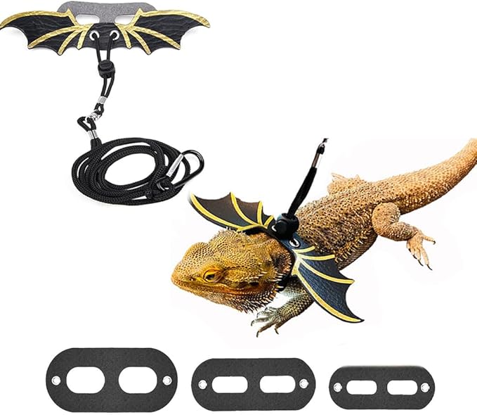 Bearded Dragon Leash and Lizard Harness Adjustable (S,M,L,3 Size) Leather Wing Lizard Iguanas Leash Geckos Reptile for Amphibians Small Pet Animals Gold