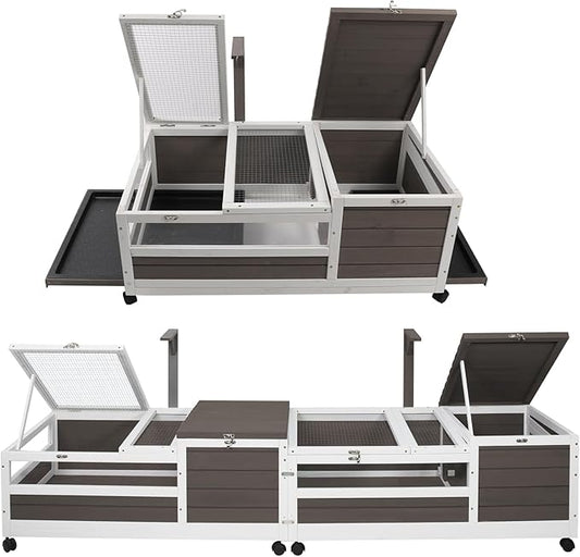 PetsCosset Tortoise Habitat Cage on Wheels with Lamp Stand & Pull-Out Waterproof Tray – Large Wooden Tortoise House, Indoor & Outdoor Reptile Enclosure 78" L x 23" W x 14" H Double Habitat
