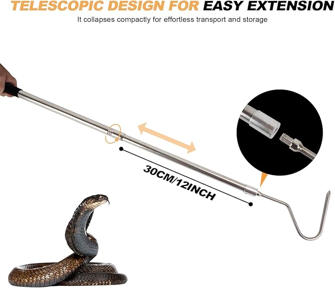 Snake Hook, Stainless Steel Extensible snake grabber tool, 33 inch Sturdy snake Catcher Handling Stick Trap Tool Tong for Herpetologists, Wildlife control personnel, Wranglers, Removal Experts