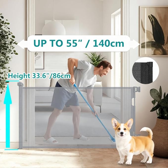 Retractable Baby Gate,Mesh Baby Gate or Mesh Dog Gate,34" Tall,Extends up to 55" Wide,Child Safety Gate for Doorways, Stairs, Hallways, Indoor or Outdoore (Gray, 55''Wide 34''Tall)