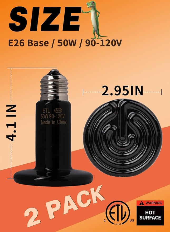 WUHOSTAM 50W 2 Pack Ceramic Heat Lamp,Black Infrared Bulb Emitter Lamp for Pet Coop Heater Reptile Chicken Lizard Turtle Brooder Bulb Temperature Adjustable No Harm No Light ETL Listed