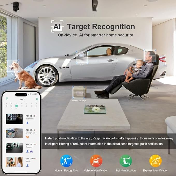 Indoor Camera,2K Cameras for Home Security with App Motion Detection Auto Tracking Alarm Live Notice Schedule Default Location,Pet Camera with Night Vision,2.4 GHz,Black