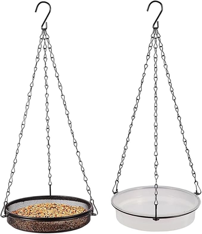 Birdfeeders Outside Hanging, 2-in-1 Metal Birdfeeder & Birdbath Wild Bird Feeder with Mesh Tray and Water Bowl for Garden, Patio, Or Yard