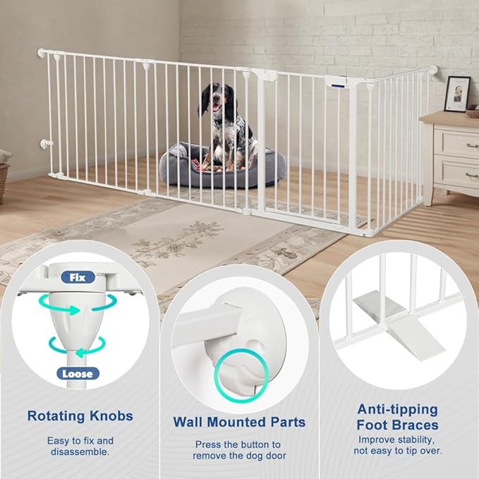 AGESISI Freestanding Dog Gates with Door Walk Through, Extra Wide Doggy Door 100" W x 29" H Pet Gate Safty 4 Panels Dog Fence for Stairs, Doorways, White