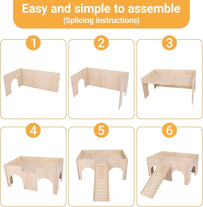 Large Wood Guinea Pig Hideout, 4 Doors Upgraded Guinea Pigs House with Ramp, Easy to Assemble Castle Detachable Small Animal House Bed Hut Habitats for Hamster Hideout/Rabbit/Chinchilla Hideout