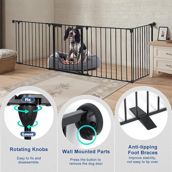 AGESISI Freestanding Dog Gates with Door Walk Through, Extra Wide Doggy Door 100" W x 29" H Pet Gate Safty 4 Panels Dog Fence for Stairs, Doorways