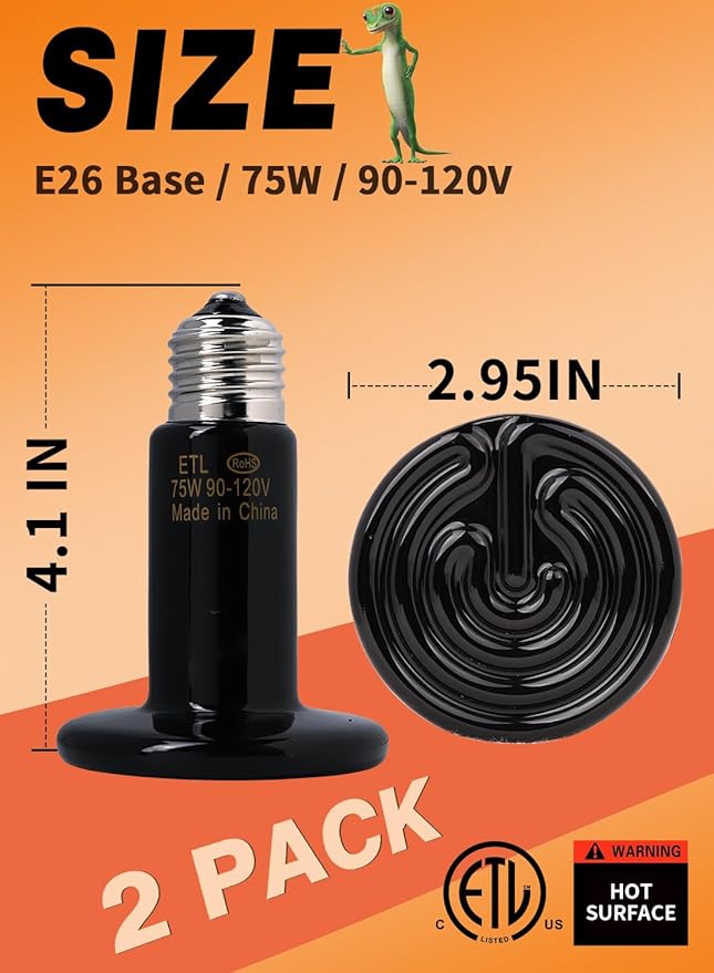 WUHOSTAM 75W 2 Pack Ceramic Reptile Heat Lamp, Pet Heat Emitter Bulbs, No Light Emitting Brooder Coop Heater for Reptile and Amphibian, Snake, Turtle, Lizard, Bearded Dragon, Black