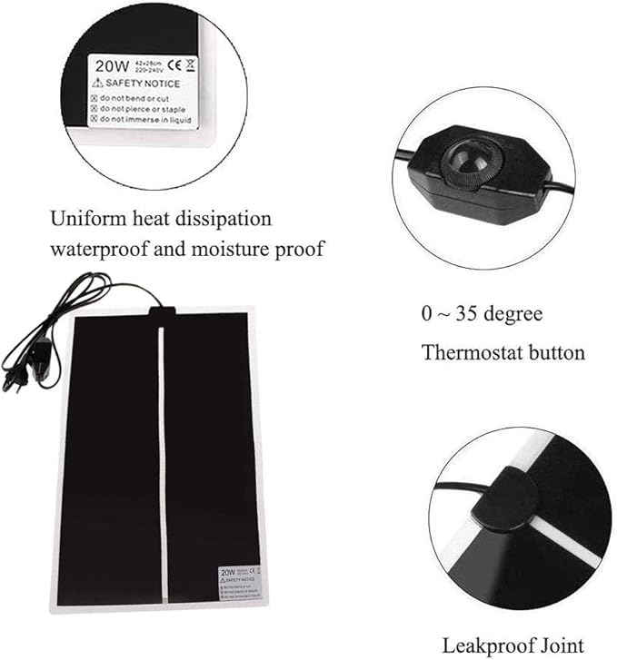 Reptile Heating Pad with Temperature Adjustment, 110V Non-Adhesive Heat Mat for Reptiles Tortoise Snakes Lizard Gecko Hermit Crab Turtle Amphibians - 20W Terrarium Heat Pad