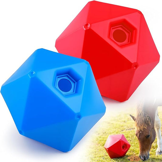 Horse Treat Ball, 9" Horse Ball Feeder Toy & Stress Reliever with 1.13 Inch Opening for Paddock, Slow Feed Enrichment Toys for Horses to Play(2 Pack,Red Blue)