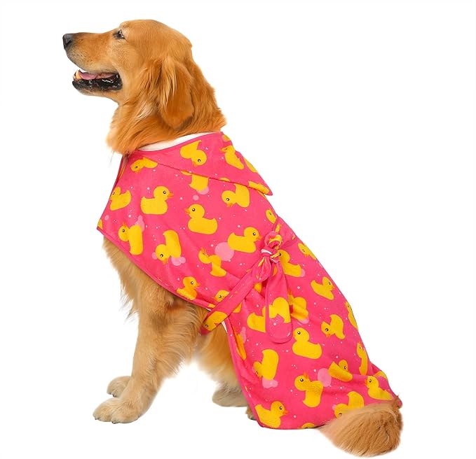 HDE Dog Bathrobe Super Absorbent Quick Drying Puppy Towel Wrap Coat Adjustable After Bath Robes with Hood for Dog Sizes S-XXL Pink Rubber Ducks XXL