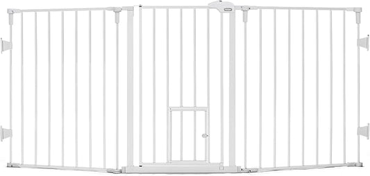 Carlson 52"-76" Flexi Configurable Dog Gate for Wide Openings, Extra Wide Metal Pet Gate with Small Pet Door, White
