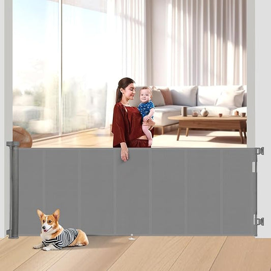 Miumoon 100 inch Retractable Baby Gates 42 inch Tall, Retractable Gate with Reinforced Strip Design to Prevent Crawling Through, 8 FT Extra Wide Retractable Dog Gate for Indoor/Outdoor