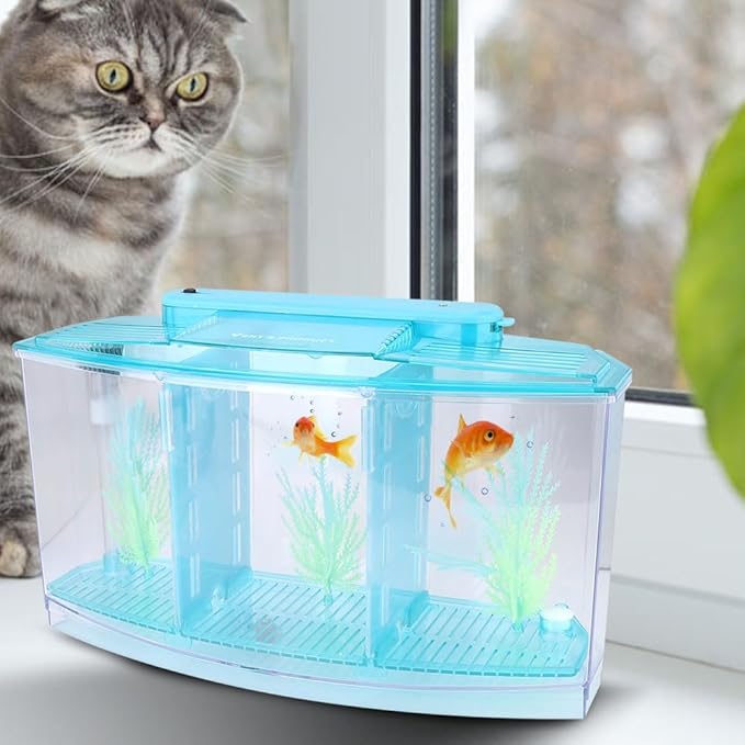 AYNEFY Mini Fish Breeding Box,Aquarium Fish LED Acrylic Three Divisions Small Fishes Isolation Incubator Breeding Hatchery for Guppy Shrimp Fishes (Blue)