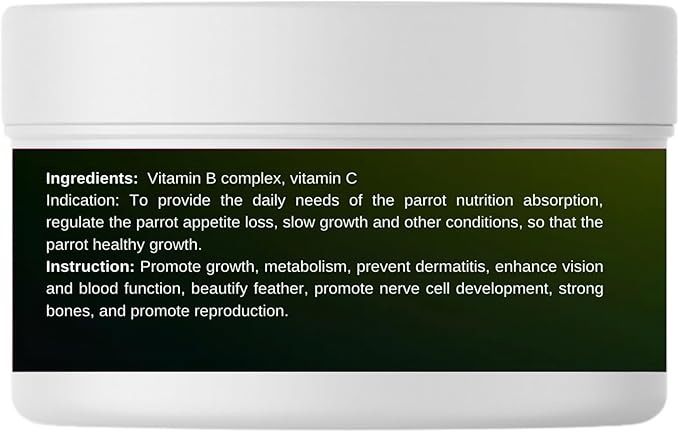 Parrot Vitamins Powder – Vitamin B Complex & C Supplement for Birds – Supports Feather Health, Appetite, Digestion, Vision, Metabolism & Reproductive Health