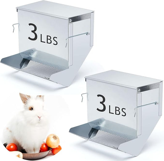 Maxcheck 2 Pcs Rabbit Feeder for Cages Small Animal Food Pellet Dispenser with Lid Metal Chicken Grit Oyster Shell Squirrel Feeders Outside(7.7 Inches,Mesh Bottom,Silver)
