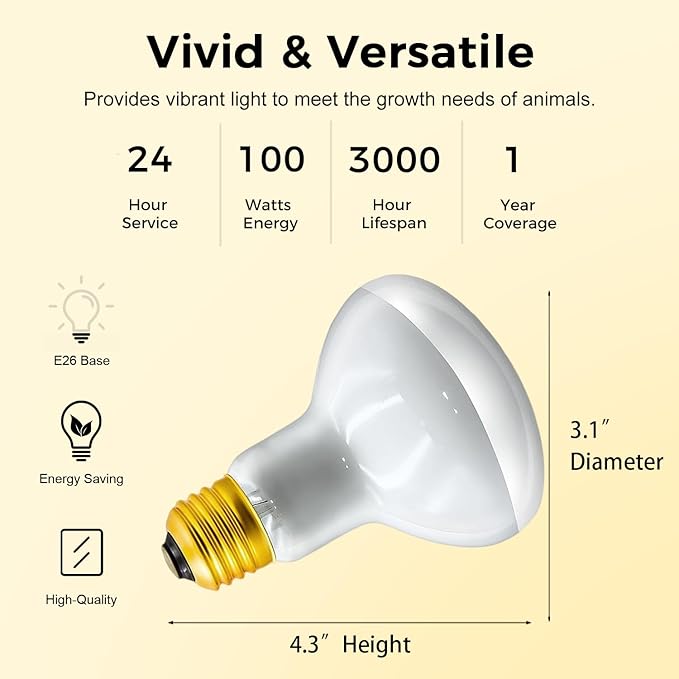 Reptile Heat Lamp 100W, Daylight UVA Basking Light Bulbs with E26 Base for Lizards, Turtles, Snakes and Amphibians 2 Pack